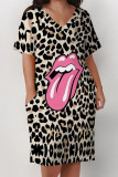 Apricot Casual Street Leopard Print Snakeskin Print Tongue print Pocket V Neck Printed Plus Size Dresses