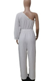 Rose Red Casual Solid Color Ruched Patchwork Oblique Collar Loose Jumpsuits