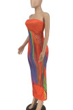 Blue Sexy Print Patchwork Strapless Long Dresses