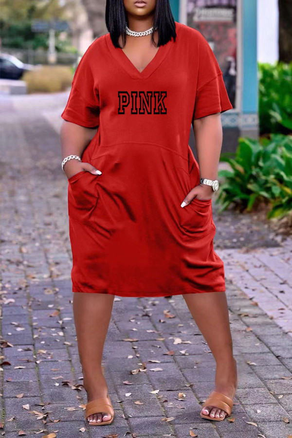 Red Casual Street Letter Print Pocket V Neck Short Sleeve Dress