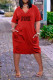 Red Casual Street Letter Print Pocket V Neck Short Sleeve Dress