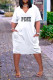 White Casual Street Letter Print Pocket V Neck Short Sleeve Dress