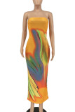 Blue Sexy Print Patchwork Strapless Long Dresses