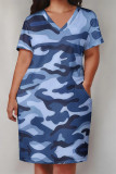 Pink Casual Camouflage Print Pocket Contrast V Neck Printed Plus Size Dresses