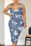 Blue Yellow Casual Street The stars Flowers Love Print Faux Denim Print U Neck Printed Dresses