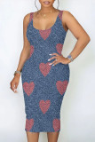 Blue Yellow Casual Street The stars Flowers Love Print Faux Denim Print U Neck Printed Dresses
