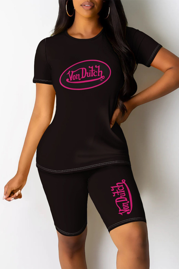 Rose Red Casual Daily Letter Print O Neck Short Sleeve Two Pieces