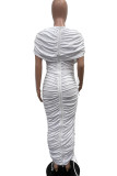 White Street Solid Color Draw String Ruched Patchwork O Neck Long Dresses