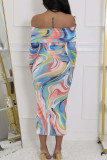 Multi-color Sexy Print Patchwork Off Shoulder Long Dresses