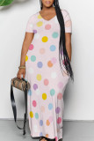 Red Casual Polka Dot Print Pocket Contrast V Neck Printed Dresses