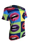 Multicolor Casual Lips Print Basic O Neck T-Shirts