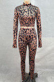 Camel Sexy Leopard Print Patchwork O Neck Long Sleeve Two Pieces