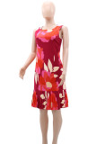 Red Celebrities Print Pleated Patchwork O Neck Straight Dresses