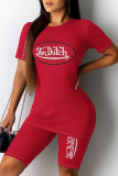 Red Casual Daily Letter Print O Neck Short Sleeve Two Pieces