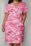Pink Casual Camouflage Print Pocket Contrast V Neck Printed Plus Size Dresses