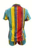 Multicolor Casual Striped Print Patchwork Shirt Collar Short Sleeve Two Pieces