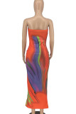 Blue Sexy Print Patchwork Strapless Long Dresses
