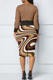 Coffee Sexy Stripe Slit Zipper Patchwork O Neck Wrapped Skirt Dresses