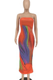 Blue Sexy Print Patchwork Strapless Long Dresses