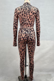 Camel Sexy Leopard Print Patchwork O Neck Long Sleeve Two Pieces