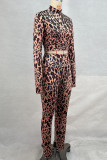 Camel Sexy Leopard Print Patchwork O Neck Long Sleeve Two Pieces