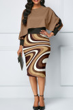 Coffee Sexy Stripe Slit Zipper Patchwork O Neck Wrapped Skirt Dresses