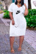 White Casual Street Letter Print Pocket V Neck A Line Short Sleeve Dress