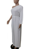Rose Red Casual Solid Color Ruched Patchwork Oblique Collar Loose Jumpsuits