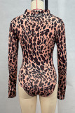 Camel Sexy Leopard Print Zipper Patchwork O Neck Skinny Bodysuits