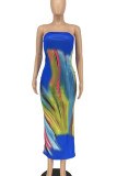 Blue Sexy Print Patchwork Strapless Long Dresses