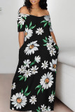 Black And White Sexy Flowers Print Off Shoulder Printed Dresses