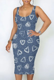Blue Yellow Casual Street The stars Flowers Love Print Faux Denim Print U Neck Printed Dresses