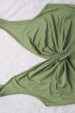 Green Casual Solid Color Patchwork V Neck Jumpsuits
