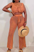 Orange Sexy Solid Color Hollow Out Strap Design Patchwork U Neck Sleeveless Two Pieces