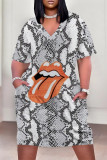 Silver Casual Street Leopard Print Snakeskin Print Tongue print Pocket V Neck Printed Plus Size Dresses