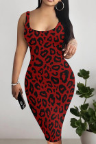 Red Sexy Leopard Print Patchwork U Neck Wrapped Skirt Dresses