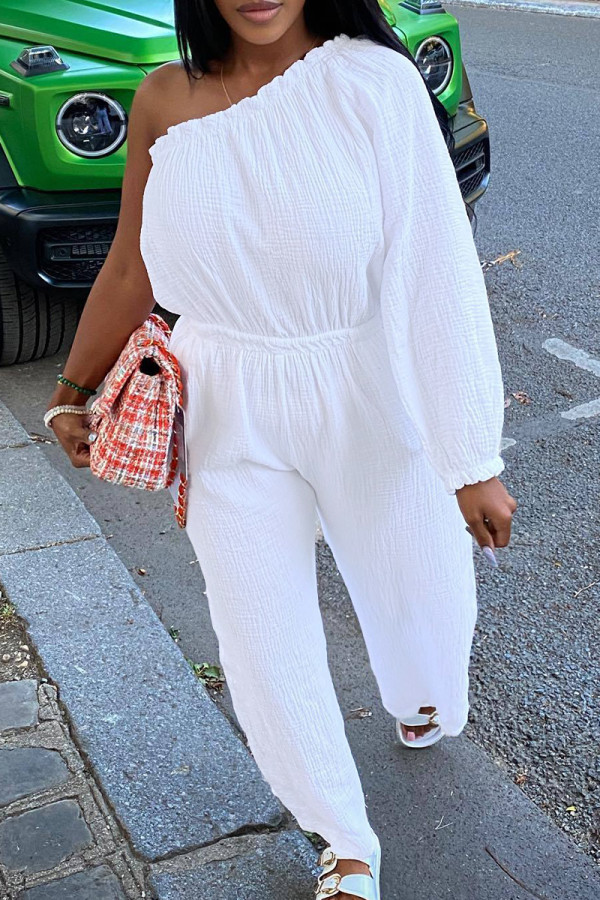 White Casual Solid Color Ruched Patchwork Oblique Collar Loose Jumpsuits