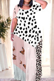 White Blue Casual Leopard Print The stars Butterfly Print Contrast O Neck Printed Dresses