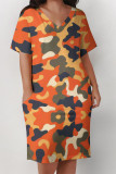 Pink Casual Camouflage Print Pocket Contrast V Neck Printed Plus Size Dresses