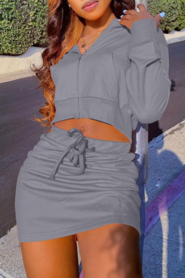 Grey Solid Color Patchwork Zipper Collar Long Sleeve Two Pieces