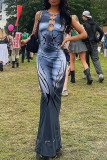 Grey Street Print Hollow Out Patchwork O Neck Long Dresses