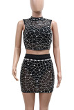 Black Sexy See-Through Hot Drill Patchwork Half A Turtleneck Sleeveless Two Pieces