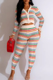 Colour Casual Rainbow Stripe Buckle Patchwork V Neck Long Sleeve Two Pieces
