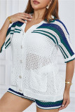 White Casual Patchwork Hollow Out See-Through Contrast Turndown Collar Long Sleeve Two Pieces