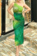 Green Celebrities Print Backless Patchwork Oblique Collar Long Dresses