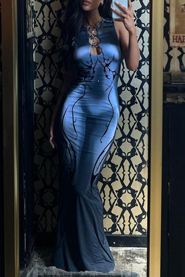 Grey Street Print Hollow Out Patchwork O Neck Long Dresses