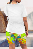 Blue Casual Daily Cartoon Print O Neck Short Sleeve Two Pieces