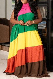 Rainbow Color Casual Print Patchwork Turtleneck Long Plus Size Dresses