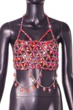 Red Sexy Patchwork Hollow Out Chains Backless Halter Tops