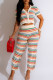 Colour Casual Rainbow Stripe Buckle Patchwork V Neck Short Sleeve Two Pieces